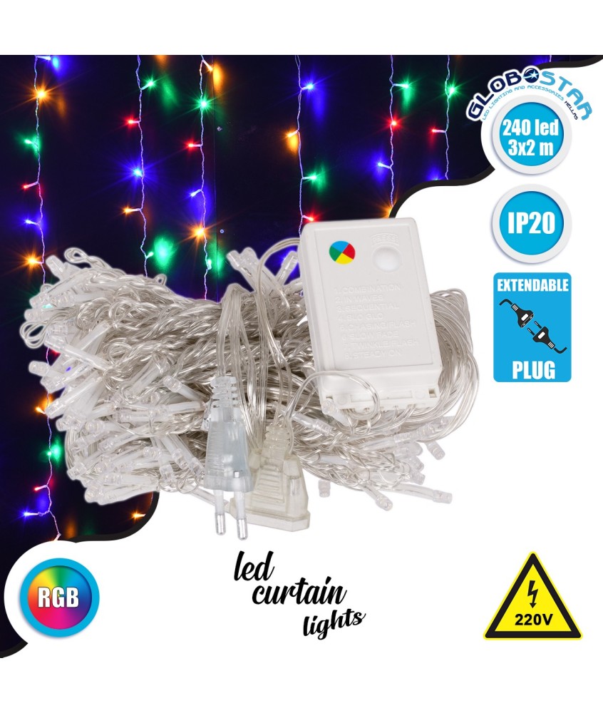 85802 Διακοσμητική Κουρτίνα 3 x 2 Μέτρα με Controller 8 Προγραμμάτων Φωτισμού - Επεκτεινόμενη 240 LED 6W AC 230V με Διάφανο Καλώδιο & EU Πρίζα IP20 Πολύχρωμο RGB Μ3 x Υ2m